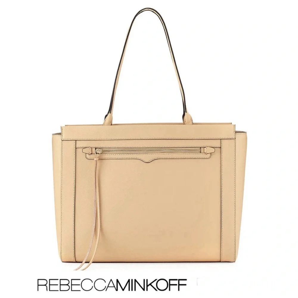 REBECCA MINKOFF Monroe Sand Saffiano Structured Leather Tassel Shoulder Bag Tote